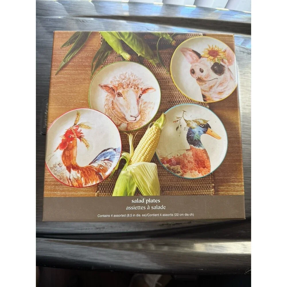 Pier 1 Farm Animal 8.5" Salad Plates, NIB, Set of 4 Lamb, Pig, Rooster, Duck - Picture 1 of 1